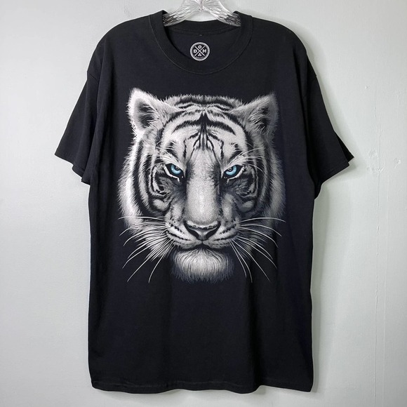 Dom Blue Eyed White Tiger Face Black Graphic Short Sleeve Men's T-Shirt Size L - Picture 1 of 14